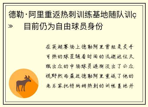 德勒·阿里重返热刺训练基地随队训练 目前仍为自由球员身份 德勒·阿里重返热刺训练基地随队训练 目前仍为自由球员身份